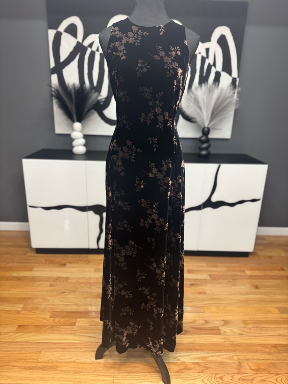 Jones New York Black Velvet Maxi Dress Women's 14 Bronze Floral EUC